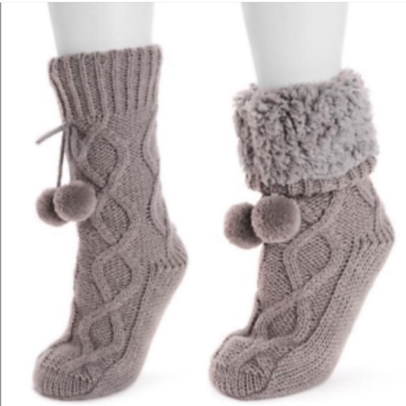 the original MUK LUKS Accessories - MUK LUKS gray knitted Pom Pom slipper socks NWT size L/xl fits size 8-11